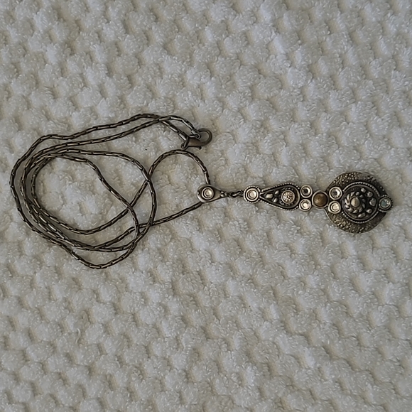 Vintage pewter tone 32 inch necklace with 3 1/2 inch pendant with crystals. - Picture 2 of 3